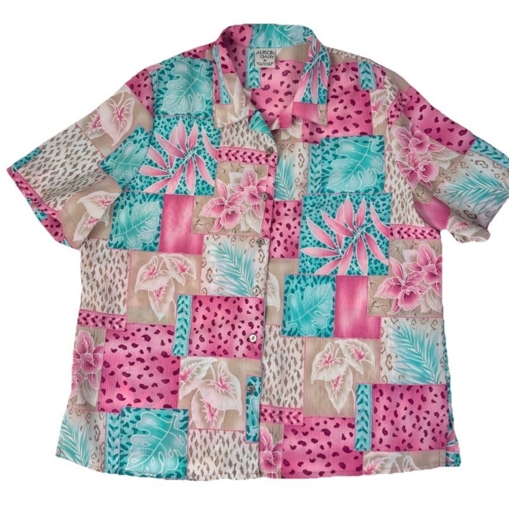 Allison Daley Button Front Blouse Women 16 Pink Tropical Patchwork Short Sleeve - Picture 1 of 10